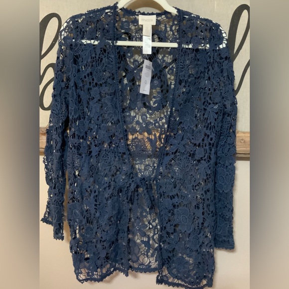 Chico's Travelers Collection Crochet Cardigan Navy Blue Romantic Sz 0 Small NWT - Picture 1 of 4